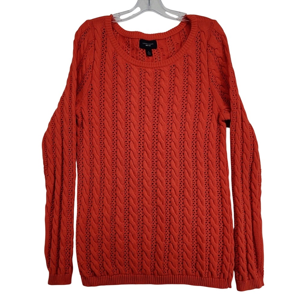 Lands End L Orange Cable Knit Sweater Drifter Scoop Neck Preppy Coastal Classic